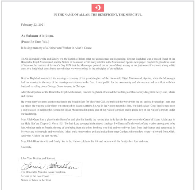 Ali Baghdadi – Letter from Minister Farrakhan