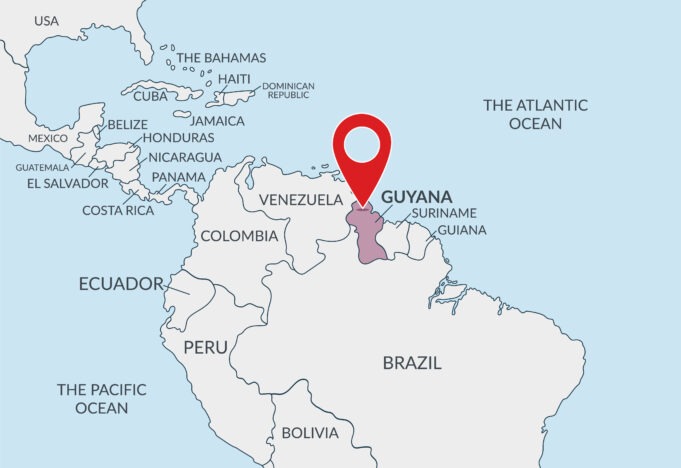 Guyana location on the political map of America with pin location marker3. Vector flat template.