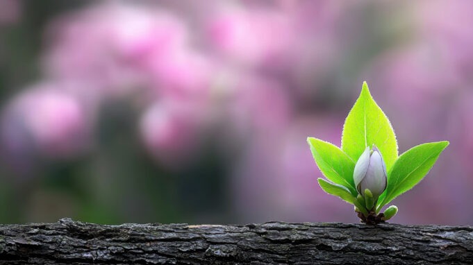 Early spring concept. A budding leaf emerges from a wooden surfa