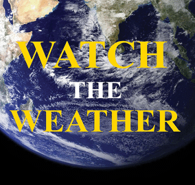 The Earth is shown from space with the words "WATCH THE WEATHER" overlaid in large yellow and white text.

Description generated by AI
