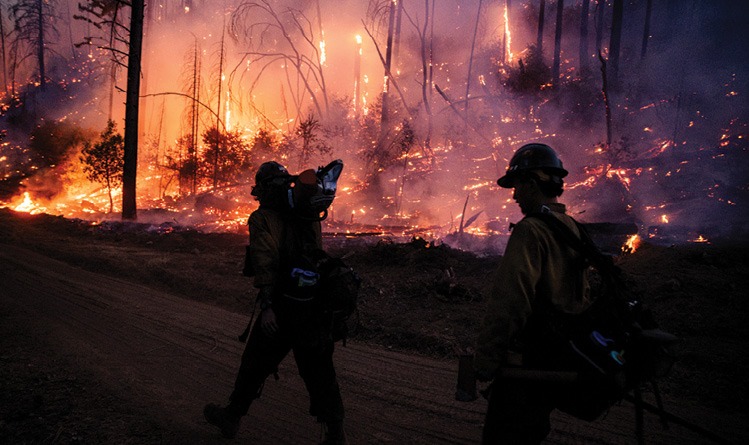 Two people wearing protective gear walk along a dirt road near a forest engulfed in flames during a wildfire at dusk. Description generated by AI